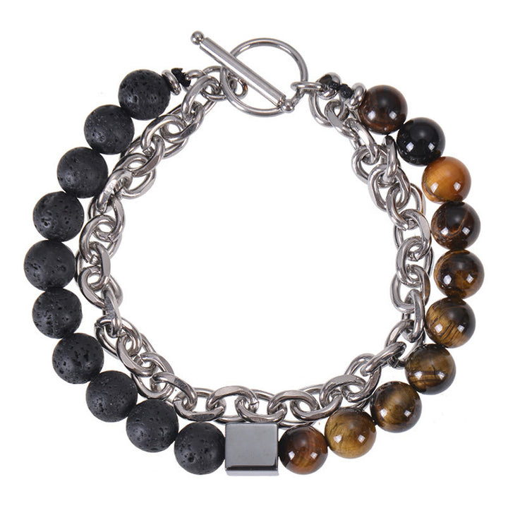 Buddha Stones Colorful Tiger Eye Frosted Stone Black Magnetite Titanium Steel Double Wrap Protection Bracelet