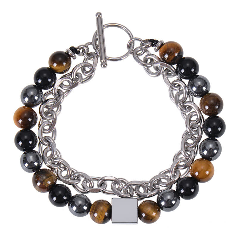 Buddha Stones Colorful Tiger Eye Frosted Stone Black Magnetite Titanium Steel Double Wrap Protection Bracelet