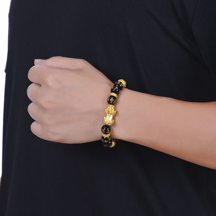 Buddha Stones Black Obsidian Black Onyx Alloy PiXiu Om Mani Padme Hum Strength Bracelet