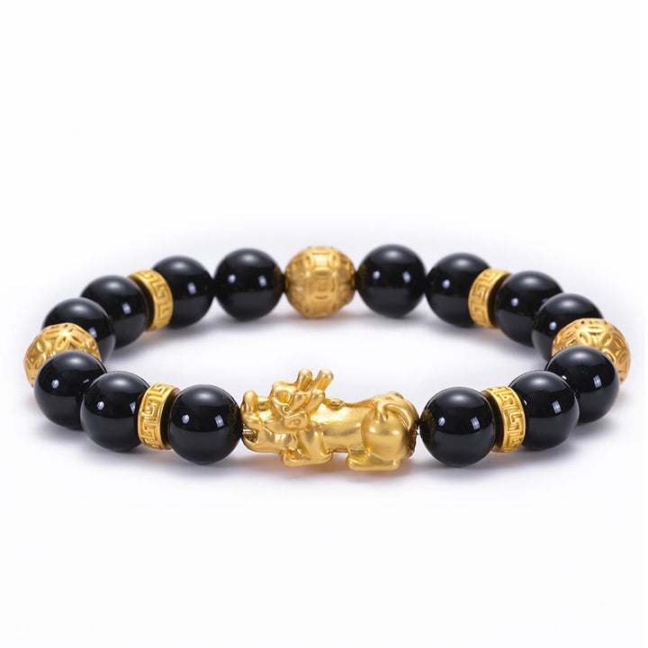 Buddha Stones Black Obsidian Black Onyx Alloy PiXiu Om Mani Padme Hum Strength Bracelet