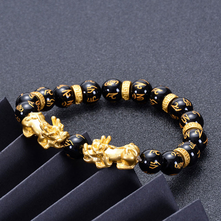 Buddha Stones Black Obsidian Black Onyx Golden Alloy Two PiXiu Om Mani Padme Hum Strength Bracelet