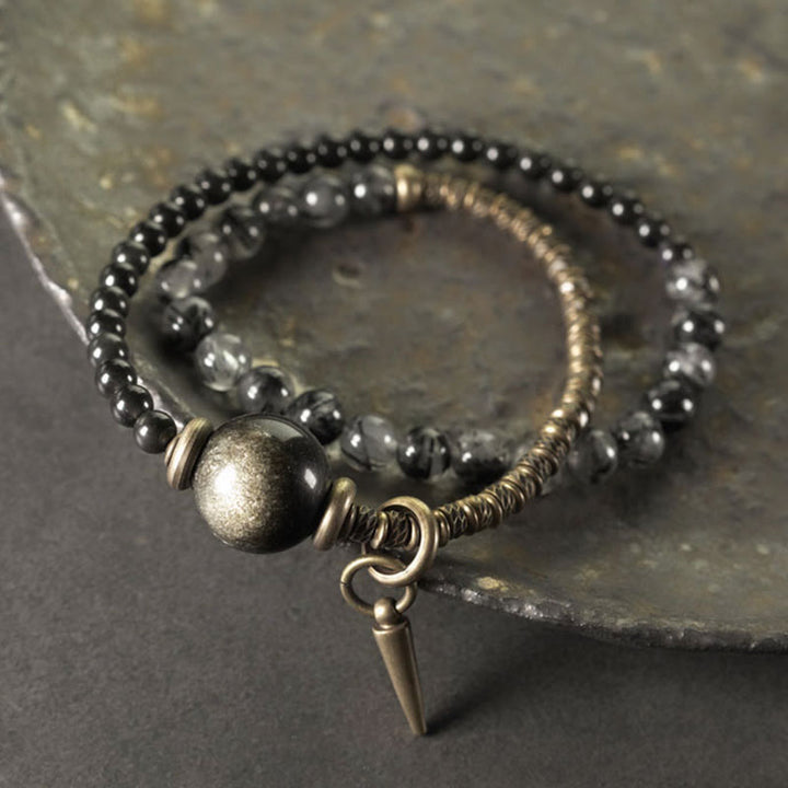 Buddha Stones Gold Sheen Obsidian Black Rutilated Quartz Copper Brass Double Wrap Protection Bracelet