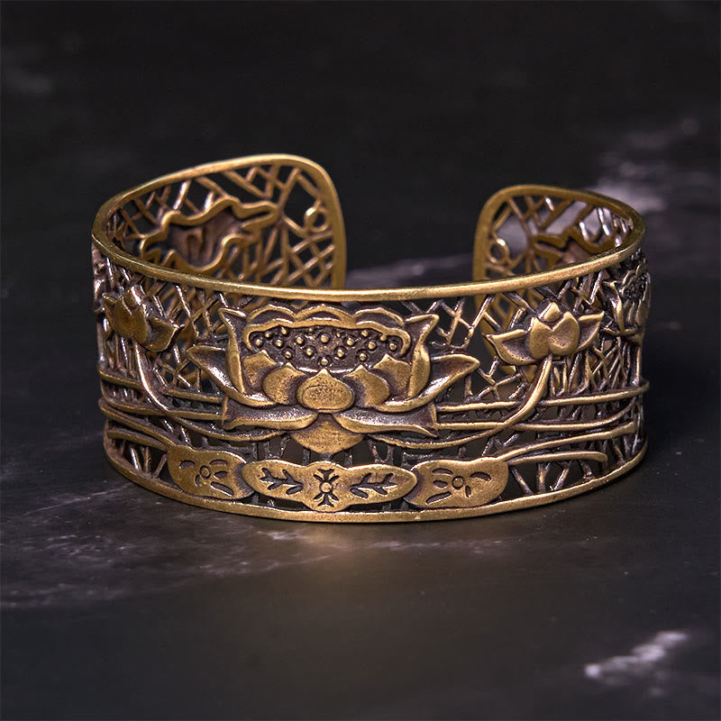 Buddha Stones Hollow Lotus Silver Plated Copper Healing Enlightenment Bracelet Bangle - image 8