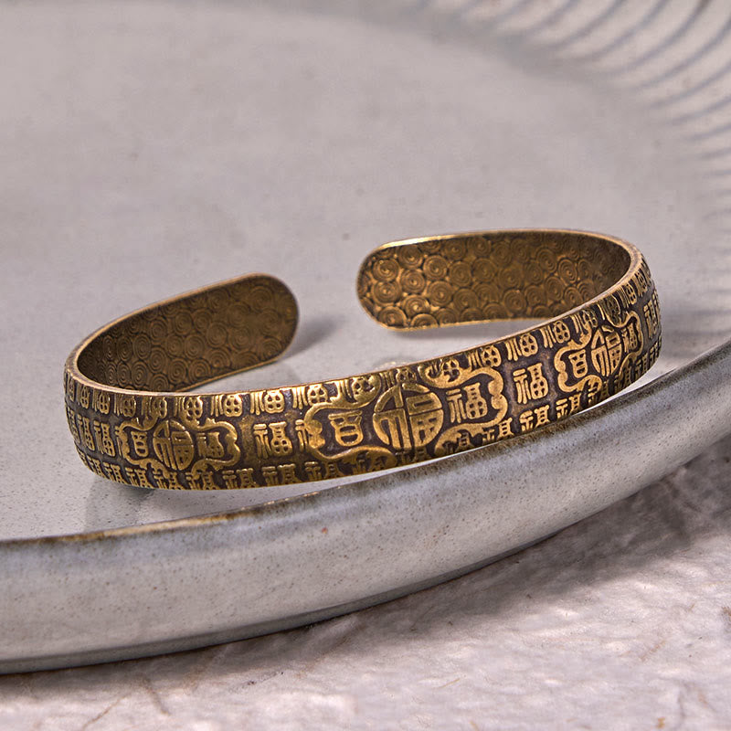 Buddha Stones Hundred Blessings Fu Character Copper Brass Luck Bracelet Bangle - image 3