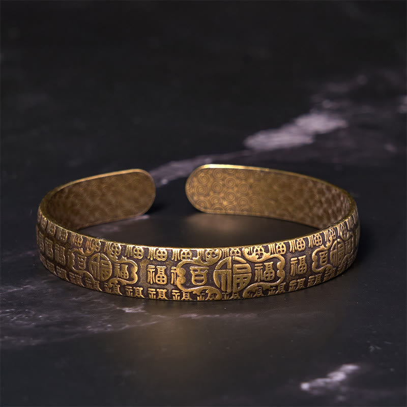 Buddha Stones Hundred Blessings Fu Character Copper Brass Luck Bracelet Bangle - image 2