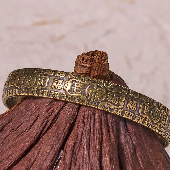 Buddha Stones Hundred Blessings Fu Character Copper Brass Luck Bracelet Bangle - image 4