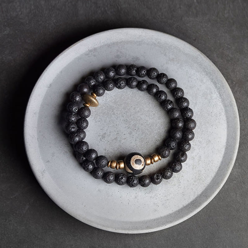 Buddha Stones Vintage Lava Rock Three-eyed Dzi Bead Copper Brass Beads Double Wrap Healing Bracelet