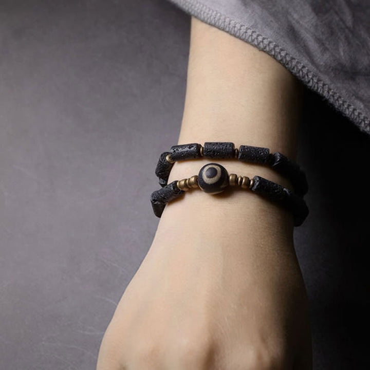 Buddha Stones Vintage Lava Rock Three-eyed Dzi Bead Copper Brass Multi-turn Wrap Calm Bracelet