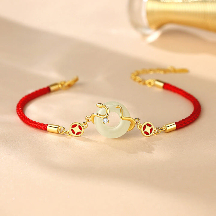 Buddha Stones Hetian Jade Chalcedony Peace Buckle Coin 925 Sterling Silver Year Of The Snake Red String Prosperity Bracelet