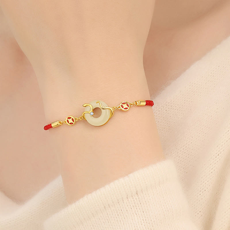 Buddha Stones Hetian Jade Chalcedony Peace Buckle Coin 925 Sterling Silver Year Of The Snake Red String Prosperity Bracelet