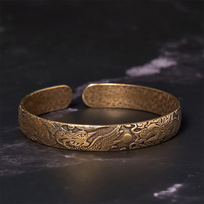 Buddha Stones Dragon And Phoenix Playing With A Pearl Carved Copper Brass Luck Protection Bracelet Bangle - image 2