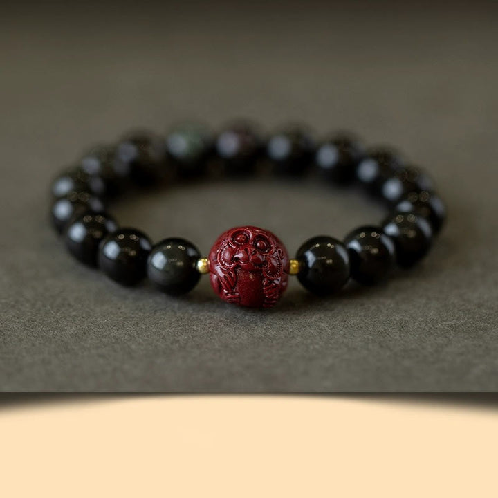 Buddha Stones Chinese Zodiac Natural Black Obsidian Cinnabar Purification Bracelet