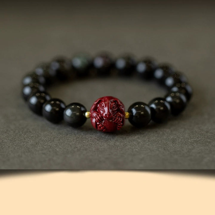 Buddha Stones Chinese Zodiac Natural Black Obsidian Cinnabar Purification Bracelet