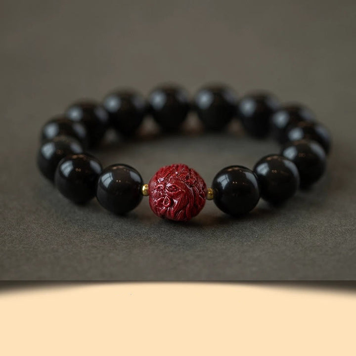 Buddha Stones Chinese Zodiac Natural Black Obsidian Cinnabar Purification Bracelet