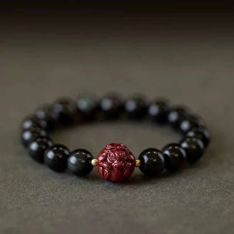 Buddha Stones Chinese Zodiac Natural Black Obsidian Cinnabar Purification Bracelet