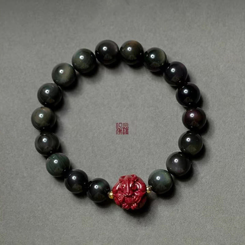 Buddha Stones Chinese Zodiac Natural Black Obsidian Cinnabar Purification Bracelet