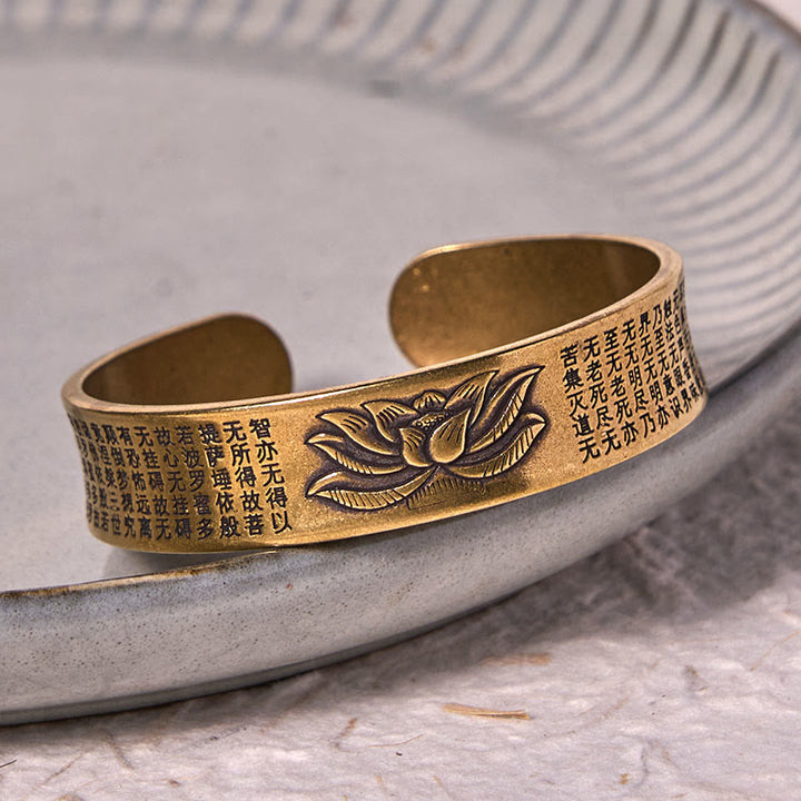 Buddha Stones Heart Sutra Lotus Flower Copper Brass Peace Cuff Bracelet Bangle - image 3