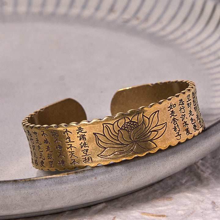 Buddha Stones Heart Sutra Lotus Flower Copper Brass Peace Enlightenment Cuff Bracelet Bangle - image 5