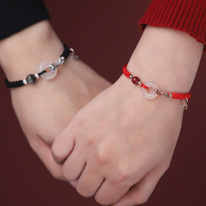 Buddha Stones Handmade Chalcedony Peace Buckle Koi Fish 925 Sterling Silver Braided String Positive Couple's Bracelet - image 14