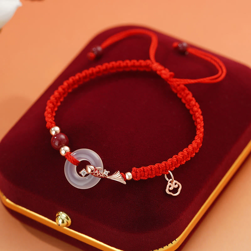 Buddha Stones Handmade Chalcedony Peace Buckle Koi Fish 925 Sterling Silver Braided String Positive Couple's Bracelet - Women-Chalcedony 925 Sterling Silver Rosegold Koi Fish Red(Diameter: 12.5cm) - image 0