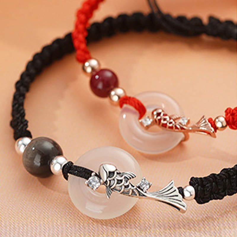 Buddha Stones Handmade Chalcedony Peace Buckle Koi Fish 925 Sterling Silver Braided String Positive Couple's Bracelet - image 3