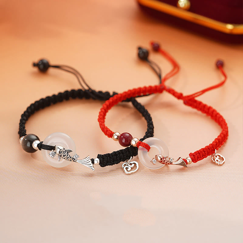 Buddha Stones Handmade Chalcedony Peace Buckle Koi Fish 925 Sterling Silver Braided String Positive Couple's Bracelet - image 2