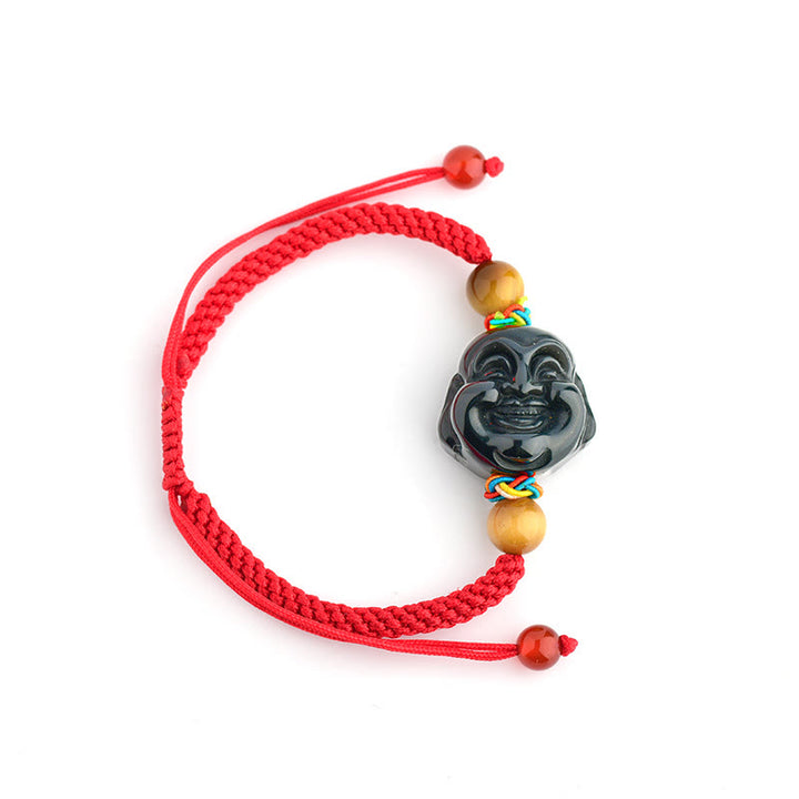 Buddha Stones Black Obsidian Fox Pi Xiu Laughing Buddha Fulfillment Rope Bracelet