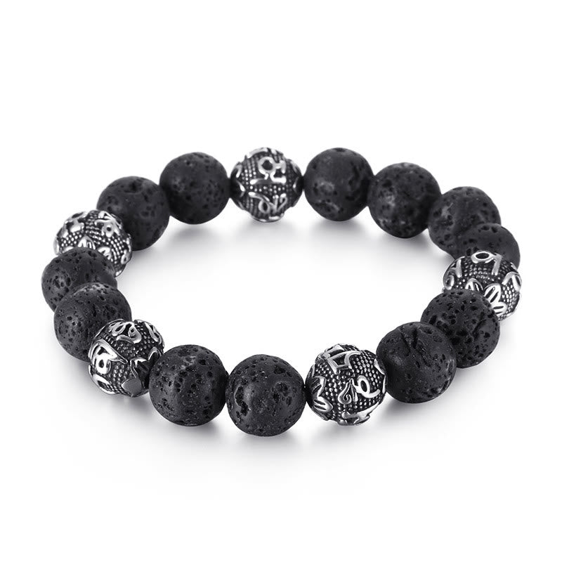 Buddha Stones Natural Lava Rock Tiger Eye Titanium Steel Six-True-Words Om Mani Padme Hum Healing Bracelet