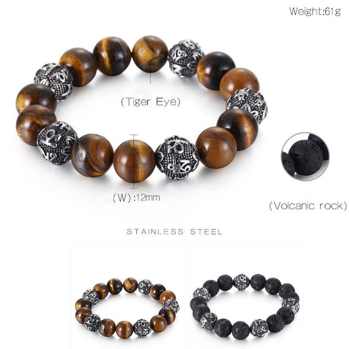 Buddha Stones Natural Lava Rock Tiger Eye Titanium Steel Six-True-Words Om Mani Padme Hum Healing Bracelet