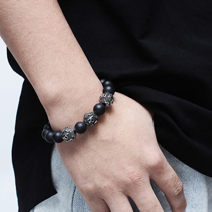 Buddha Stones Natural Tiger Eye Lava Rock Black Obsidian Titanium Steel Six-True-Words Om Mani Padme Hum Protection Bracelet