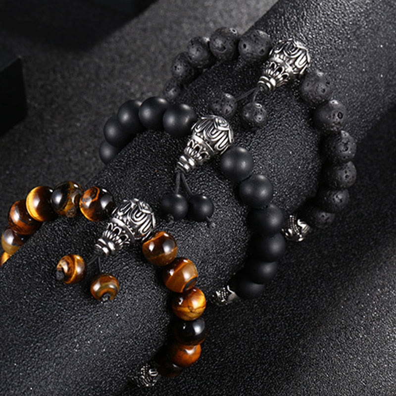 Buddha Stones Natural Tiger Eye Lava Rock Black Obsidian Titanium Steel Six-True-Words Om Mani Padme Hum Protection Bracelet