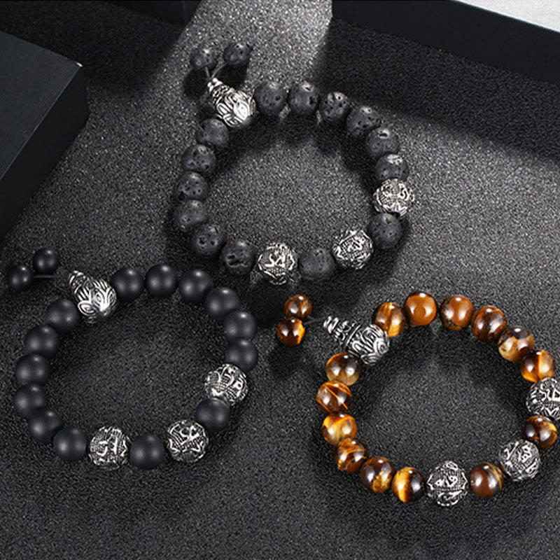 Buddha Stones Natural Tiger Eye Lava Rock Black Obsidian Titanium Steel Six-True-Words Om Mani Padme Hum Protection Bracelet