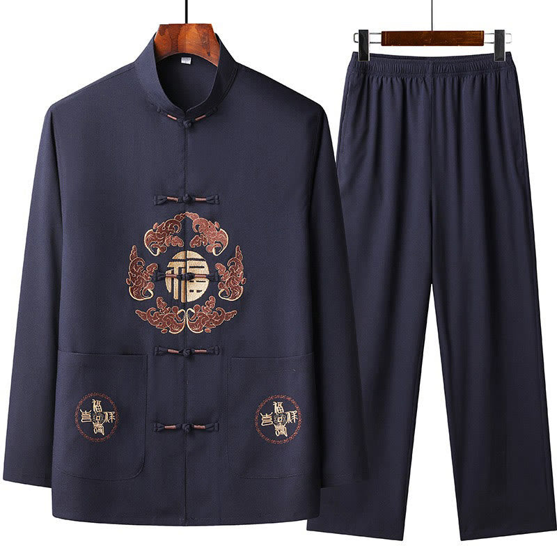 Buddha Stones Chinese New Year Embroidered Fu Tang Suit Hanfu Long Sleeve Top Pants Clothing Men's Set - MidnightBlue - US/UK/AU44，EU54 (4XL) - image 3