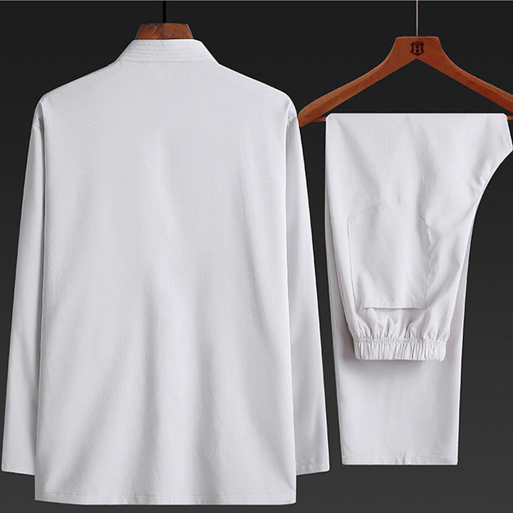 Buddha Stones Chinese New Year Embroidered Dragon Frog-button Tang Suit Hanfu Traditional Uniform Long Sleeve Top Pants Clothing Men's Set - image 6