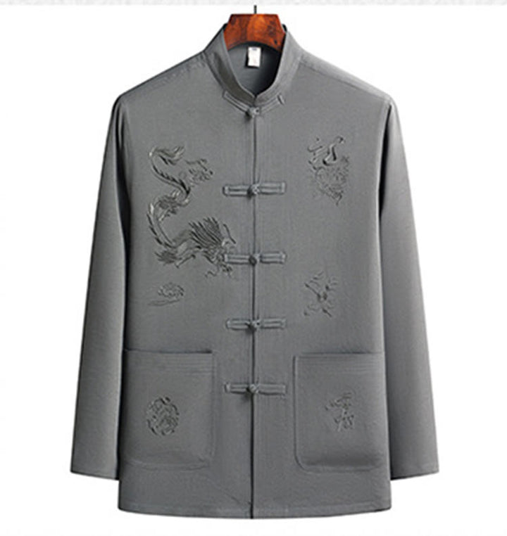 Buddha Stones Chinese New Year Embroidered Dragon Frog-button Tang Suit Hanfu Long Sleeve Top Pants Clothing Men's Set - image 16