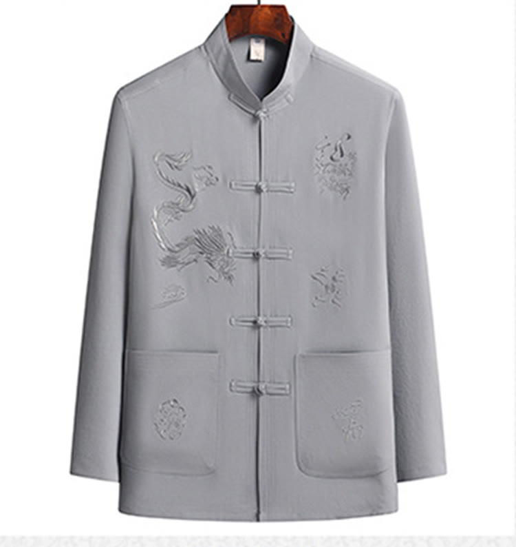 Buddha Stones Chinese New Year Embroidered Dragon Frog-button Tang Suit Hanfu Long Sleeve Top Pants Clothing Men's Set - image 11