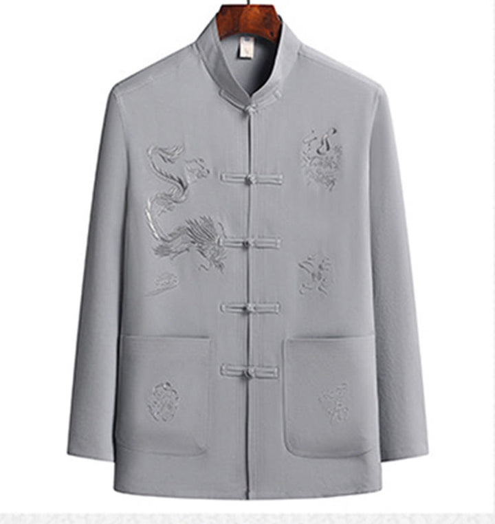 Buddha Stones Chinese New Year Embroidered Dragon Frog-button Tang Suit Hanfu Long Sleeve Top Pants Clothing Men's Set - image 11