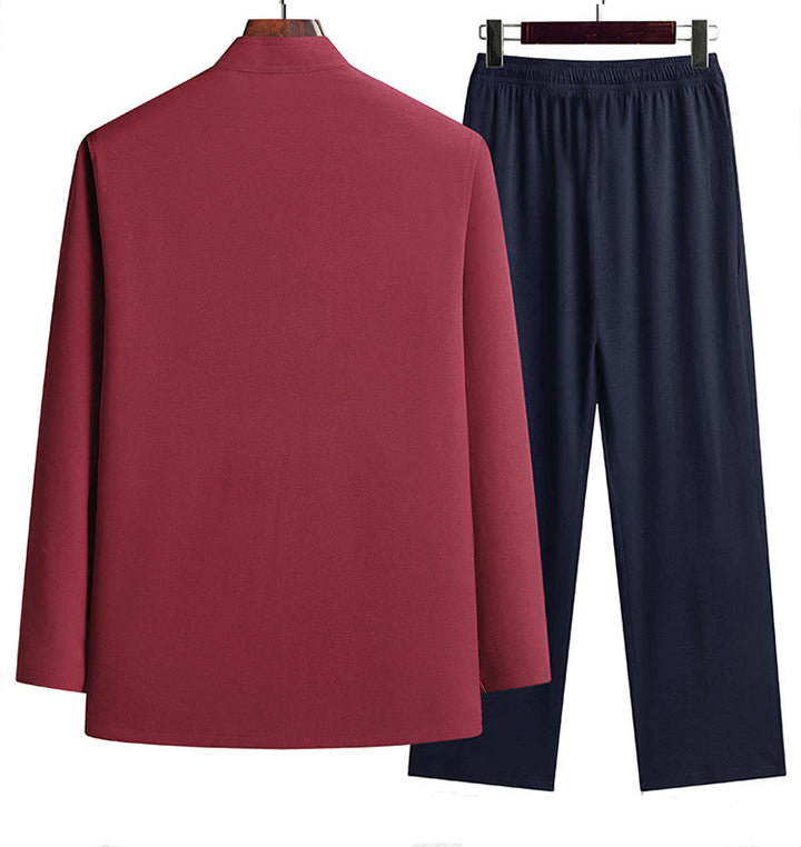 Buddha Stones Chinese New Year Embroidered Dragon Frog-button Tang Suit Hanfu Long Sleeve Top Pants Clothing Men's Set - image 1