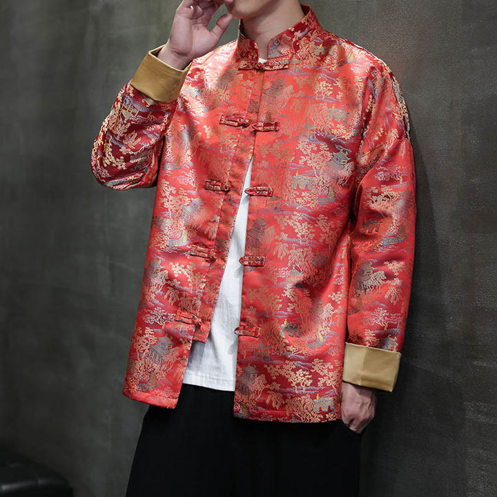 Buddha Stones Chinese New Year Clothes Jacquard Design Frog-button Tang Suit Men's Jacket Shirt