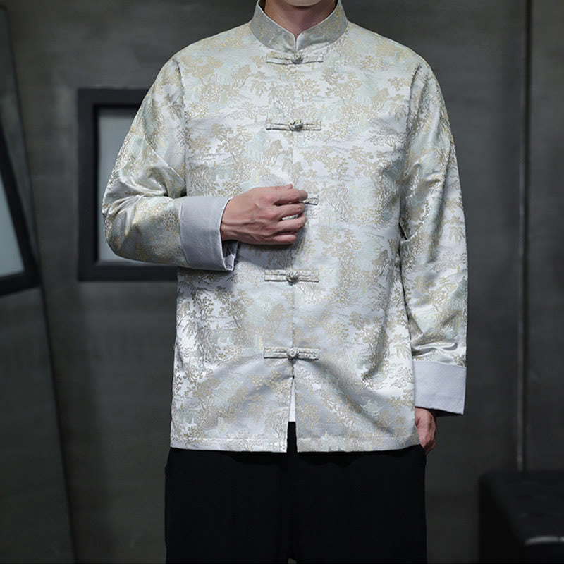 Buddha Stones Chinese New Year Clothes Jacquard Design Frog-button Tang Suit Men's Jacket Shirt