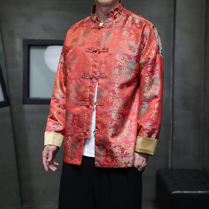 Buddha Stones Chinese New Year Clothes Jacquard Design Frog-button Tang Suit Men's Jacket Shirt