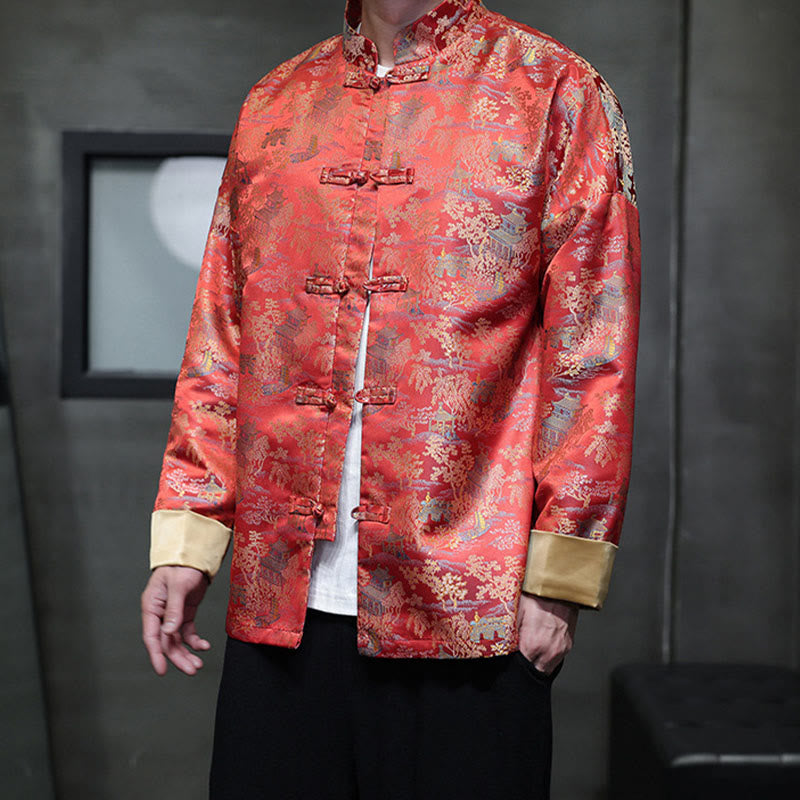 Buddha Stones Chinese New Year Clothes Jacquard Design Frog-button Tang Suit Men's Jacket Shirt