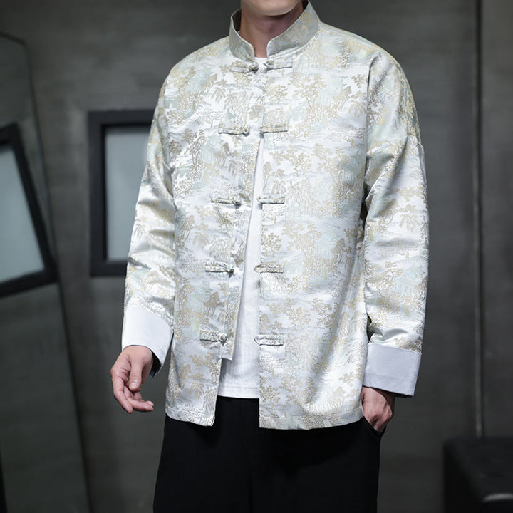 Buddha Stones Chinese New Year Clothes Jacquard Design Frog-button Tang Suit Men's Jacket Shirt