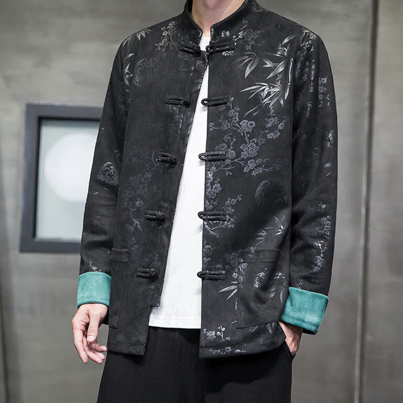 Buddha Stones Chinese New Year Clothes Flowers Bamboo Solid Color Cuff Frog-button Tang Suit Cotton Men's Jacket Shirt With Pockets - image 30