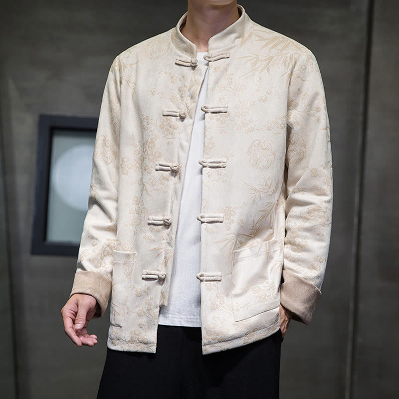 Buddha Stones Chinese New Year Clothes Flowers Bamboo Solid Color Cuff Frog-button Tang Suit Cotton Men's Jacket Shirt With Pockets - image 46