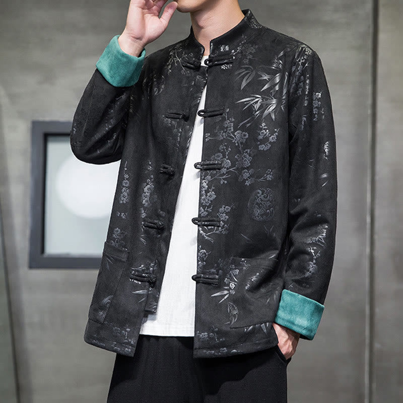 Buddha Stones Chinese New Year Clothes Flowers Bamboo Solid Color Cuff Frog-button Tang Suit Cotton Men's Jacket Shirt With Pockets - image 29