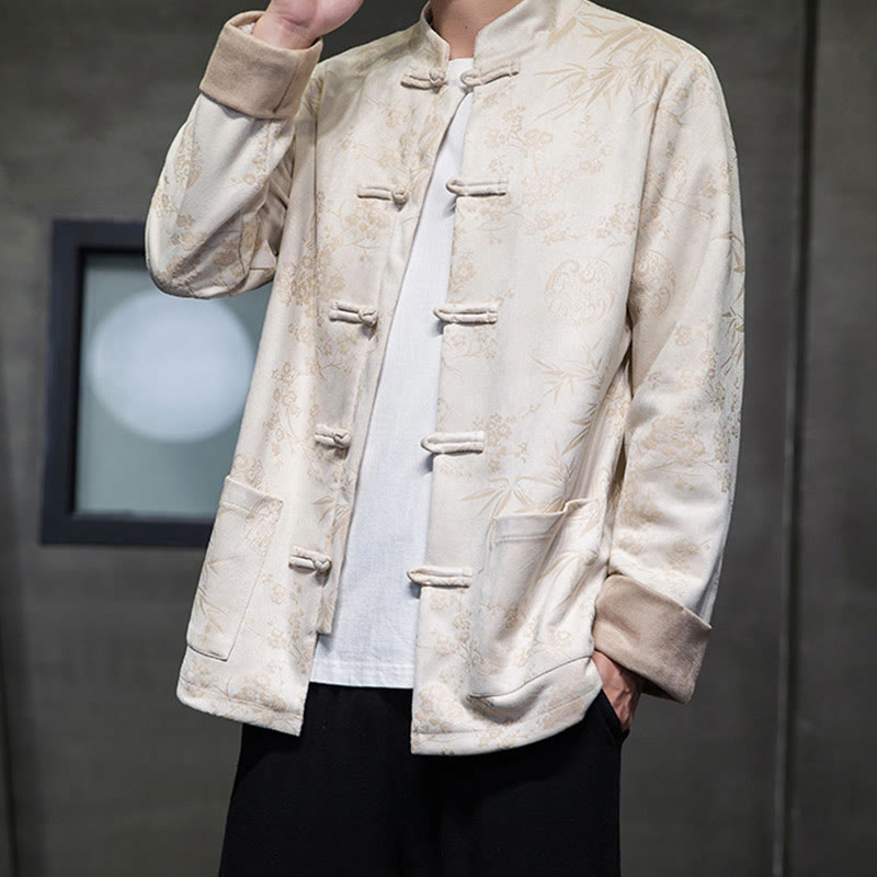 Buddha Stones Chinese New Year Clothes Flowers Bamboo Solid Color Cuff Frog-button Tang Suit Cotton Men's Jacket Shirt With Pockets - image 49