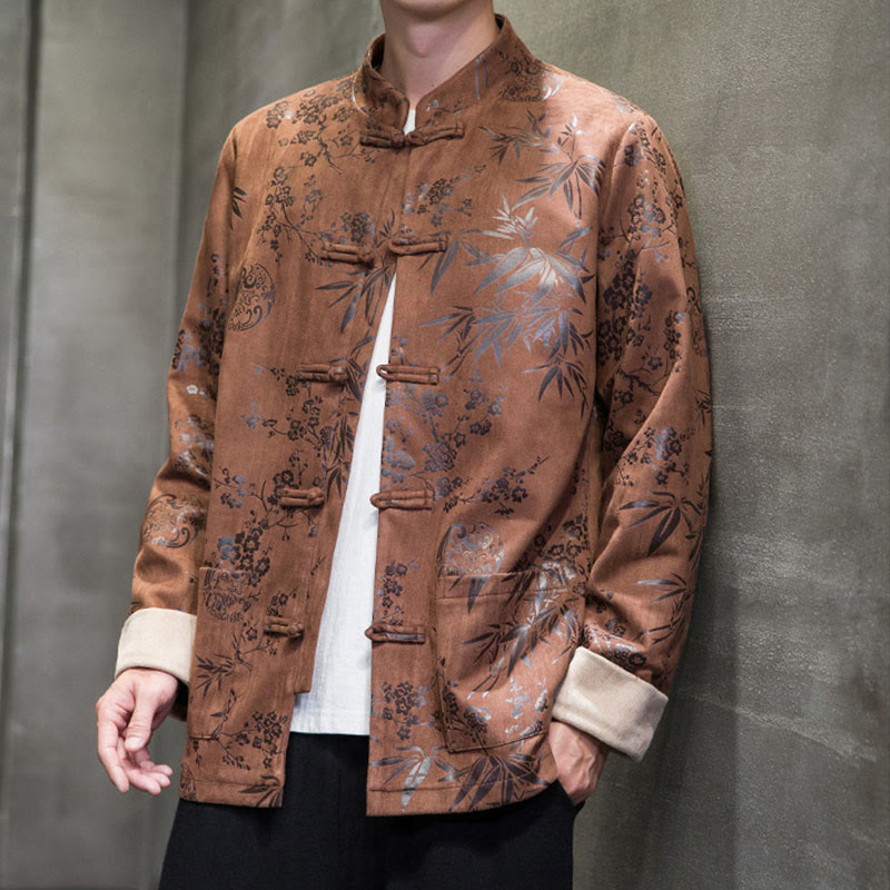 Buddha Stones Chinese New Year Clothes Flowers Bamboo Solid Color Cuff Frog-button Tang Suit Cotton Men's Jacket Shirt With Pockets - image 19