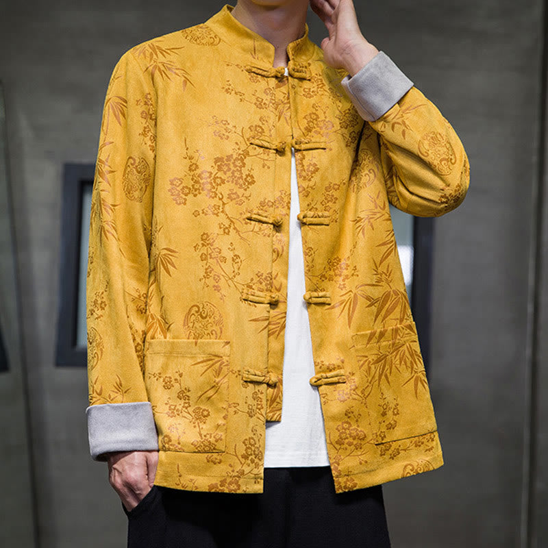 Buddha Stones Chinese New Year Clothes Flowers Bamboo Solid Color Cuff Frog-button Tang Suit Cotton Men's Jacket Shirt With Pockets