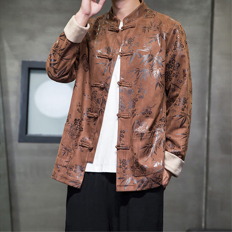 Buddha Stones Chinese New Year Clothes Flowers Bamboo Solid Color Cuff Frog-button Tang Suit Cotton Men's Jacket Shirt With Pockets - image 15